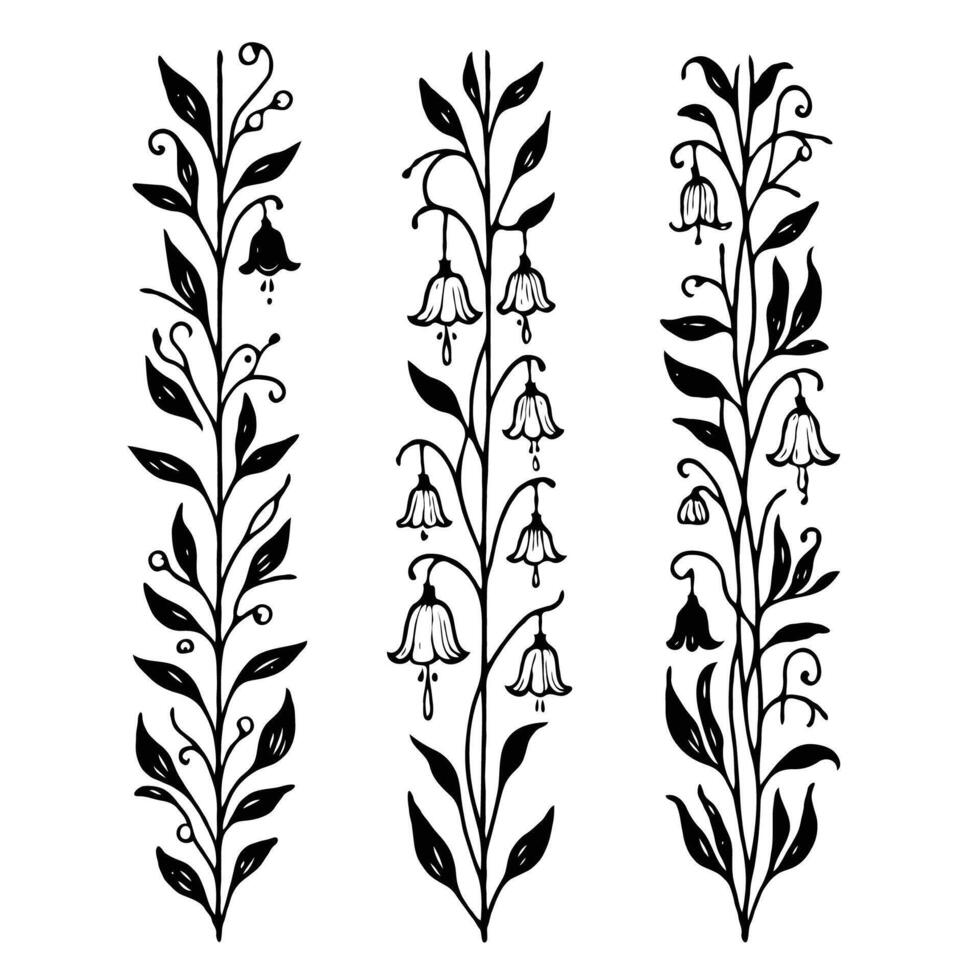 Set of twigs, branches, leaves, doodle floral. Hand drawn Botanical drawing. Detailed line art bluebell, Campanula vine illustration. Outline Simple Stylized Art, harebell flowers blossom pack vector