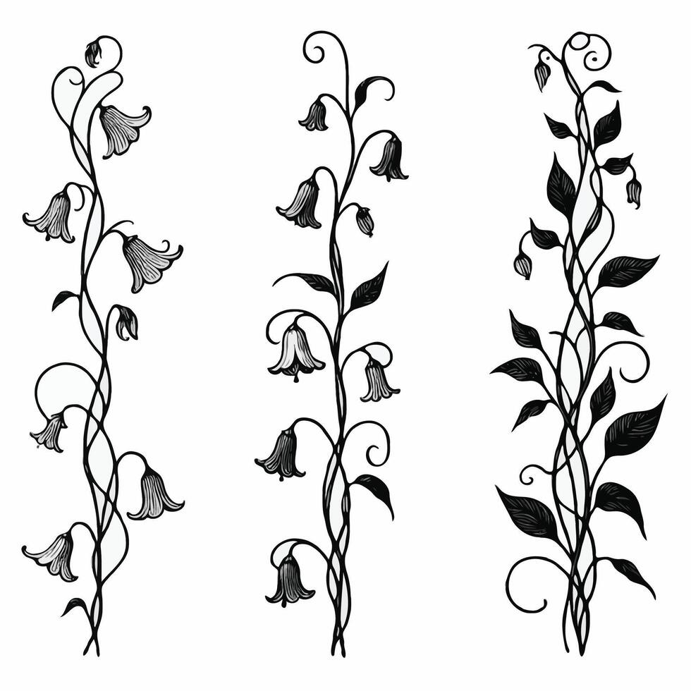 Set of twigs, leaves of leaves, doodle floral pattern. Hand drawn Botanical drawing. Detailed line art bluebell, Campanula vine illustration. Outline Simple Stylized Art, harebell flowers blossom vector