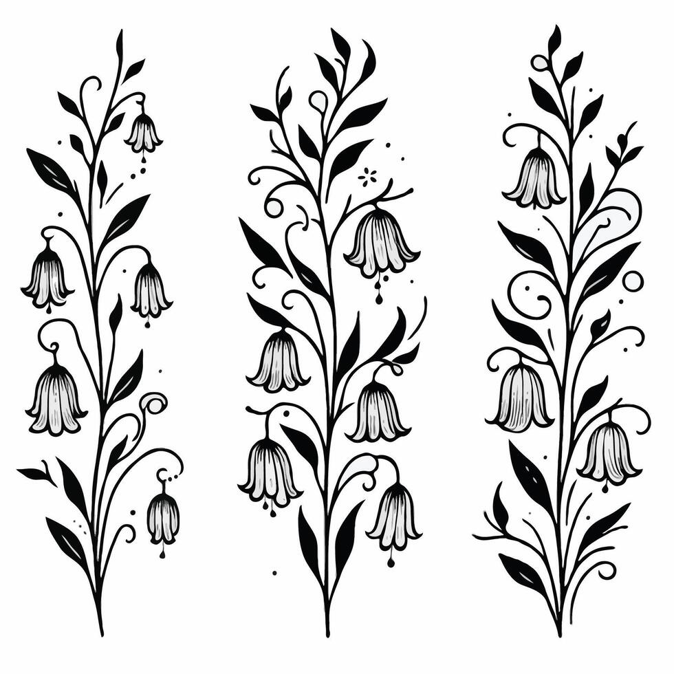 Set of twigs, branches of leaves, doodle floral pattern. Hand drawn Botanical drawing. Detailed line art bluebell, Campanula vine illustration. plant Simple Stylized Art, harebell flowers blossom vector