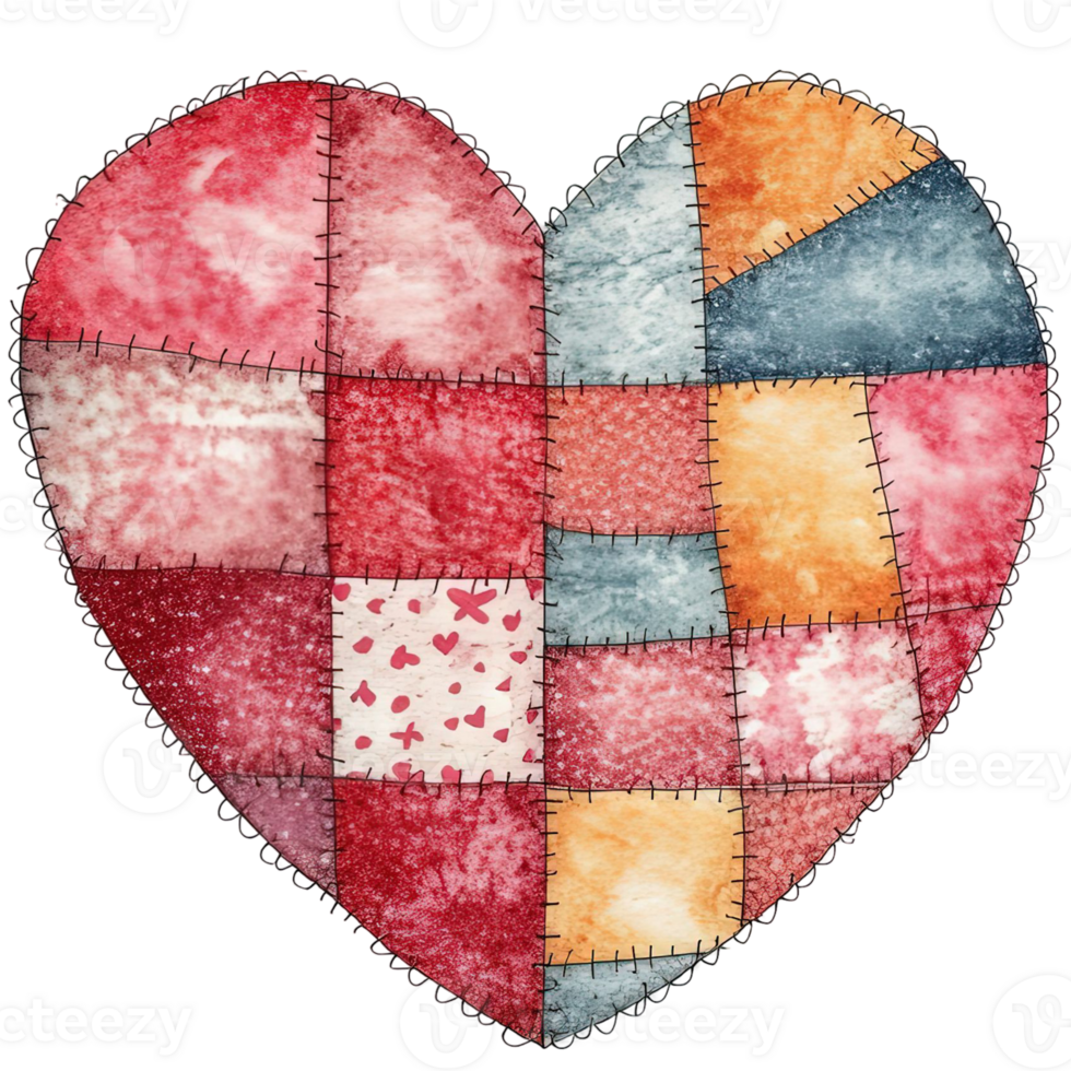A beautiful, multi-colored heart made from patchwork, symbolizing love and warmth, with a hand-stitched appearance and decorative edging. png