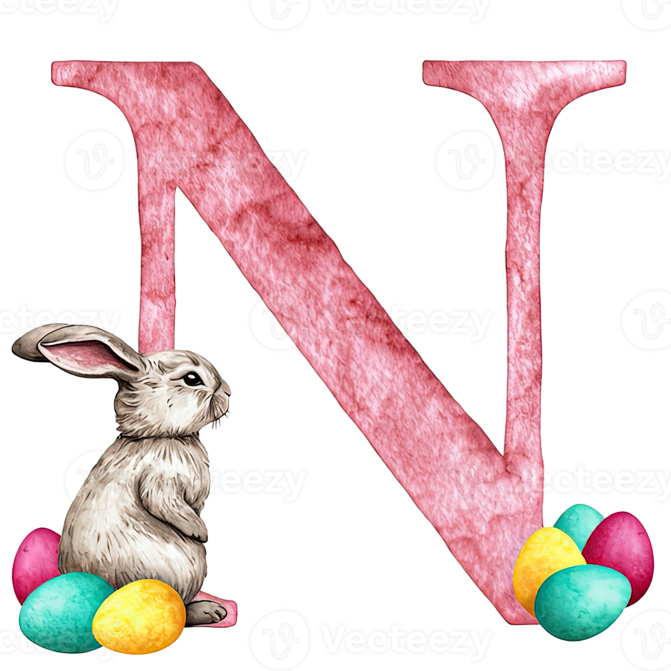 An Easter illustration with the letter N and Easter bunny and eggs. A perfect addition to any Easter design project png