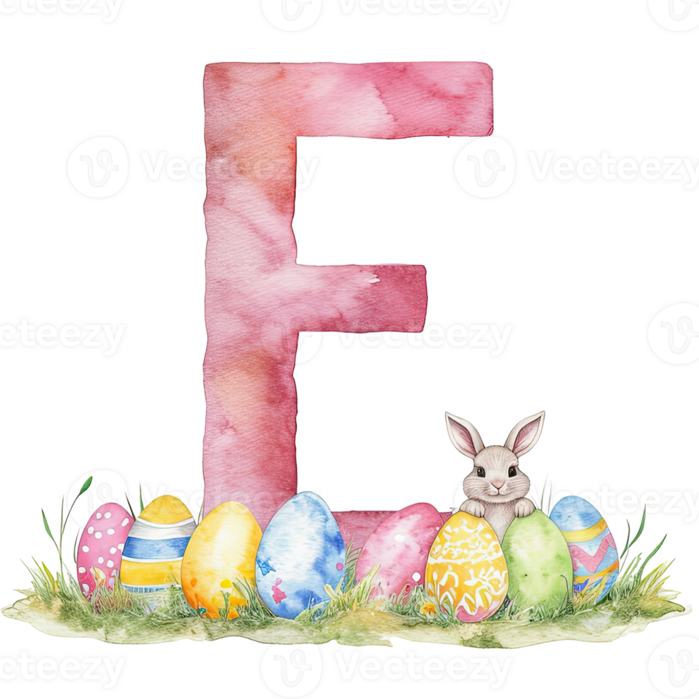 Easter-themed letter E with a bunny and colorful eggs, perfect for spring celebrations png