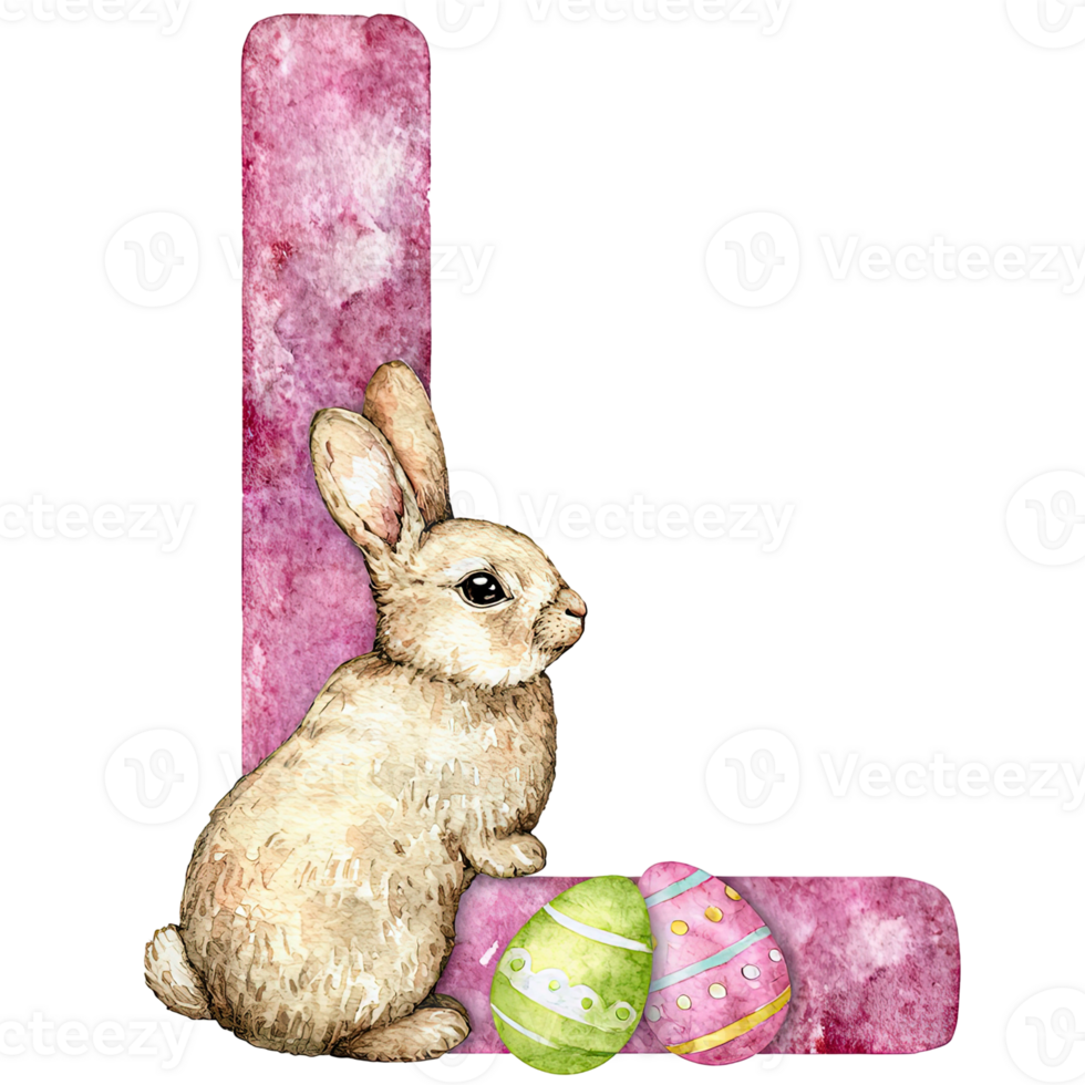 An Easter themed design featuring the letter L with a bunny and decorated eggs png