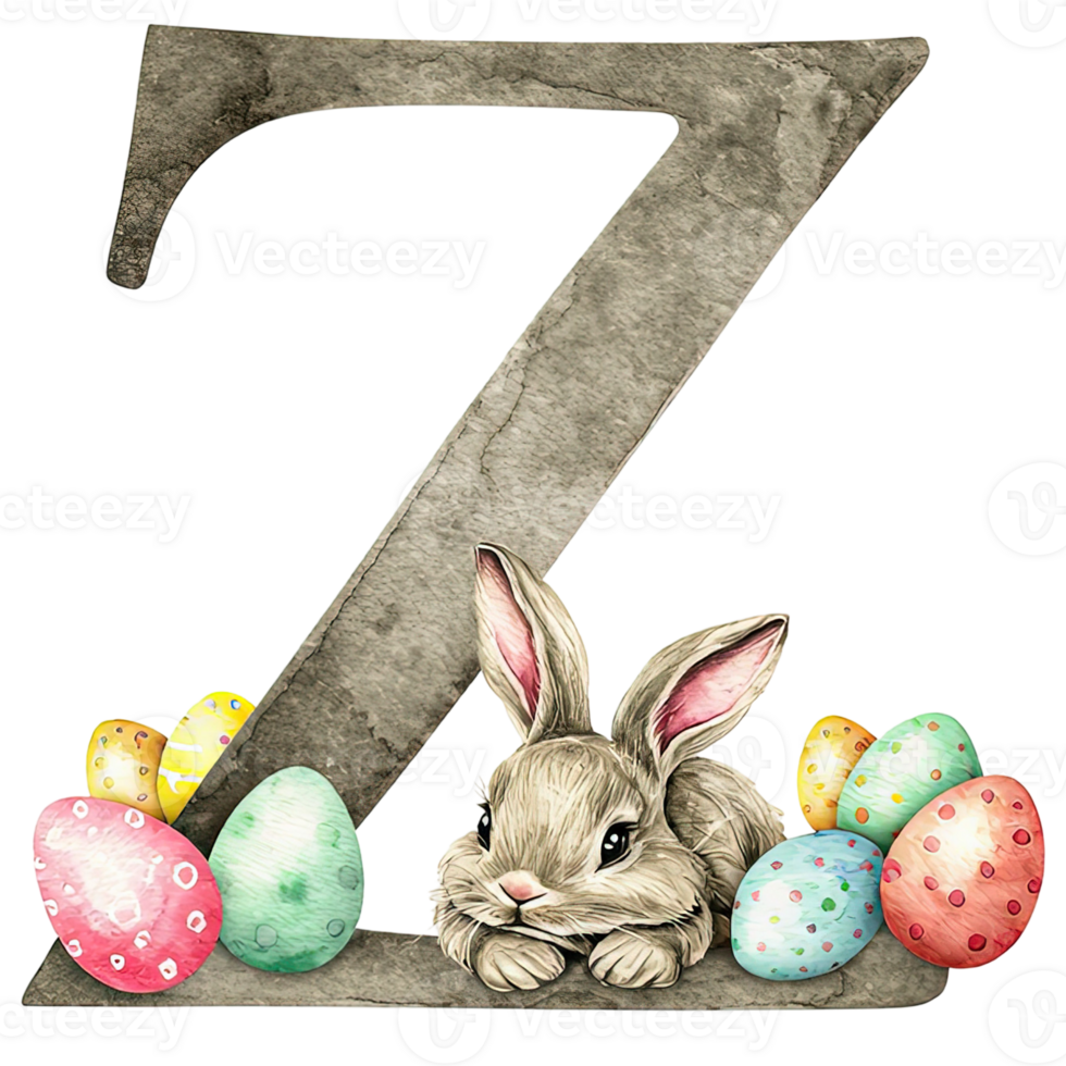 A charming Easter illustration featuring a bunny, colorful eggs, and the letter Z png