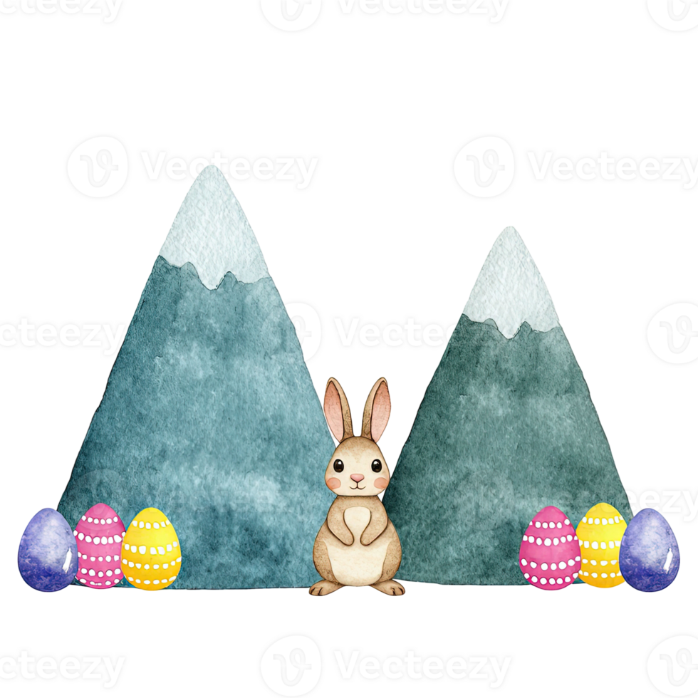 Easter bunny with eggs near mountains. A festive scene, with pastel-colored eggs nestled near majestic mountains and a cute bunny rabbit, evoking a sense of joy and the arrival of spring. png