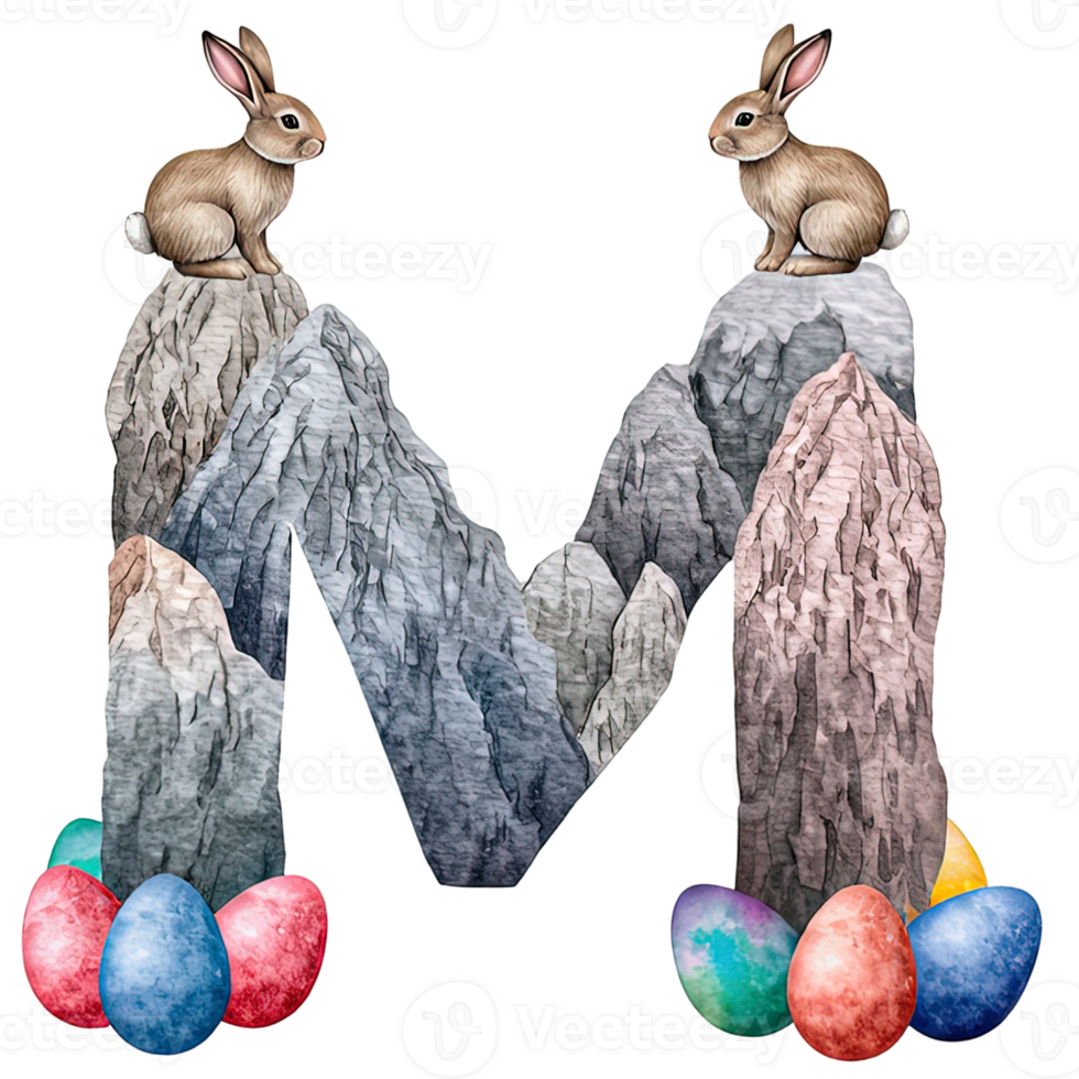 a colorful image with two bunnies perched atop a mountainous letter M surrounded by painted eggs png