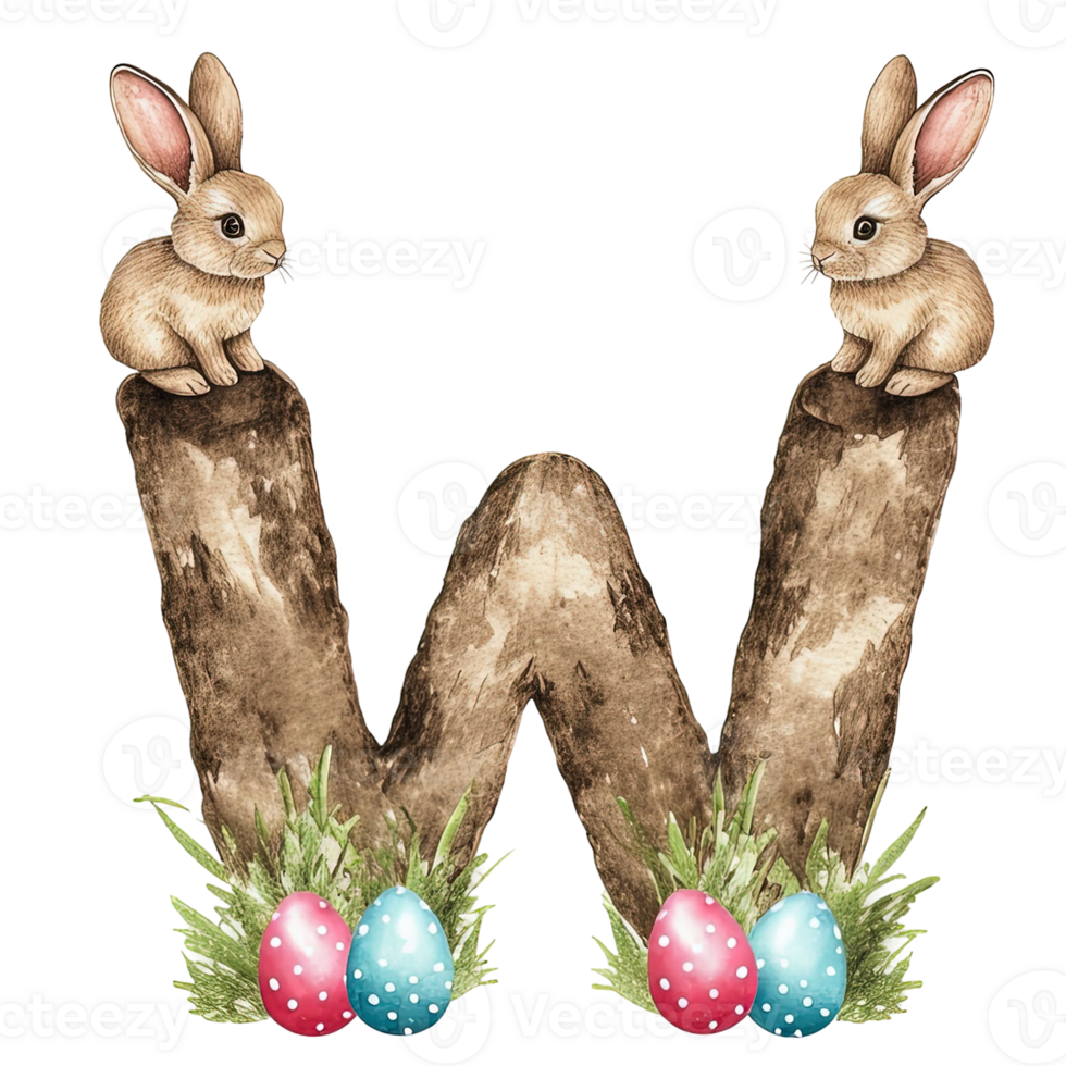 The letter W decorated with cute rabbits and Easter eggs, a whimsical illustration for the celebration of the easter png