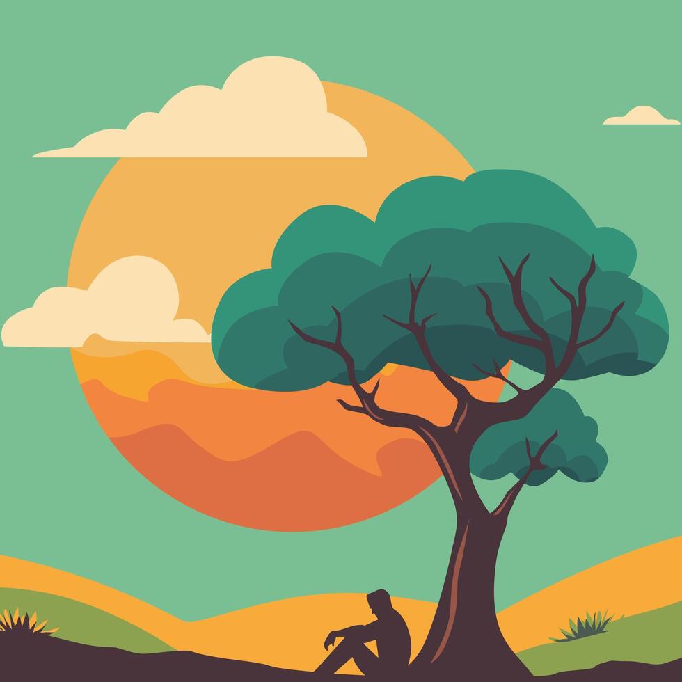 summer, Man relaxing in nature, Person resting in cozy seat on grass under trees in park outdoors on summer holiday. vector