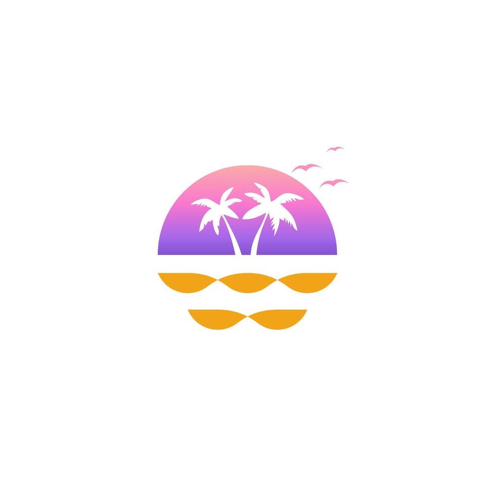 summer palm tree logo, orange wave, purple sky vector