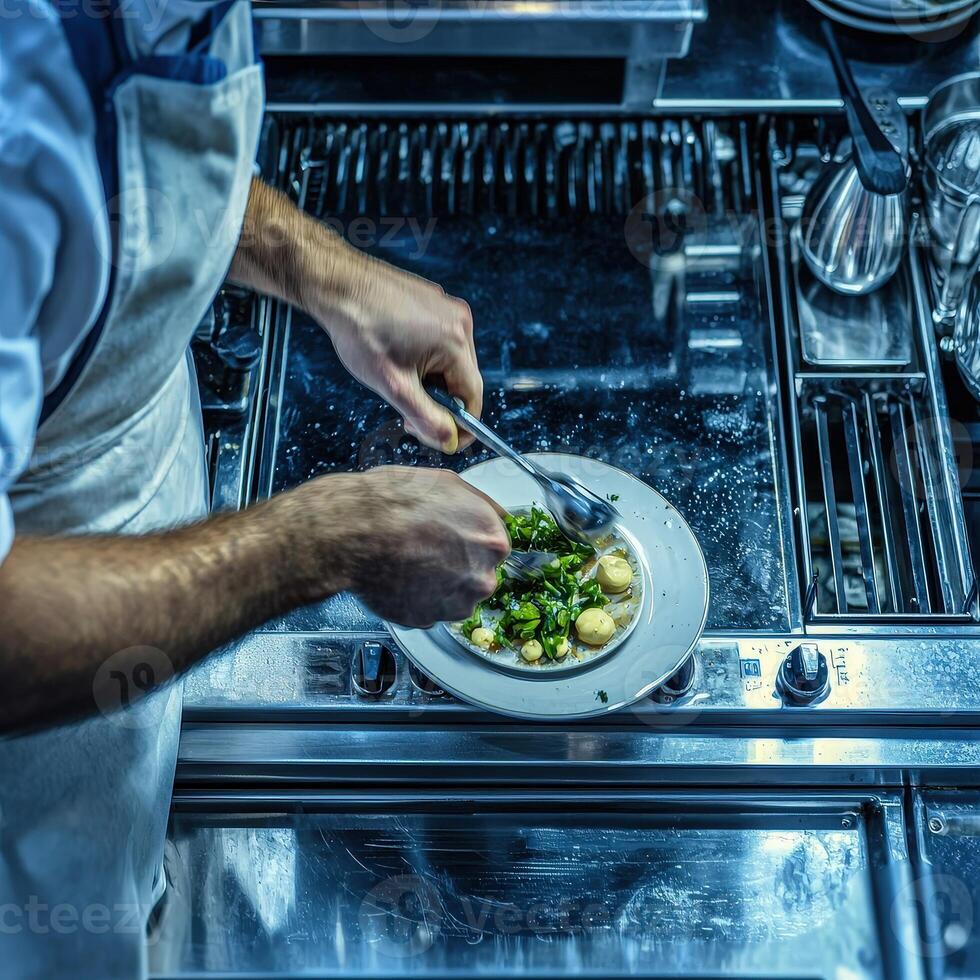 A man in a white apron is cooking food on a plate photo