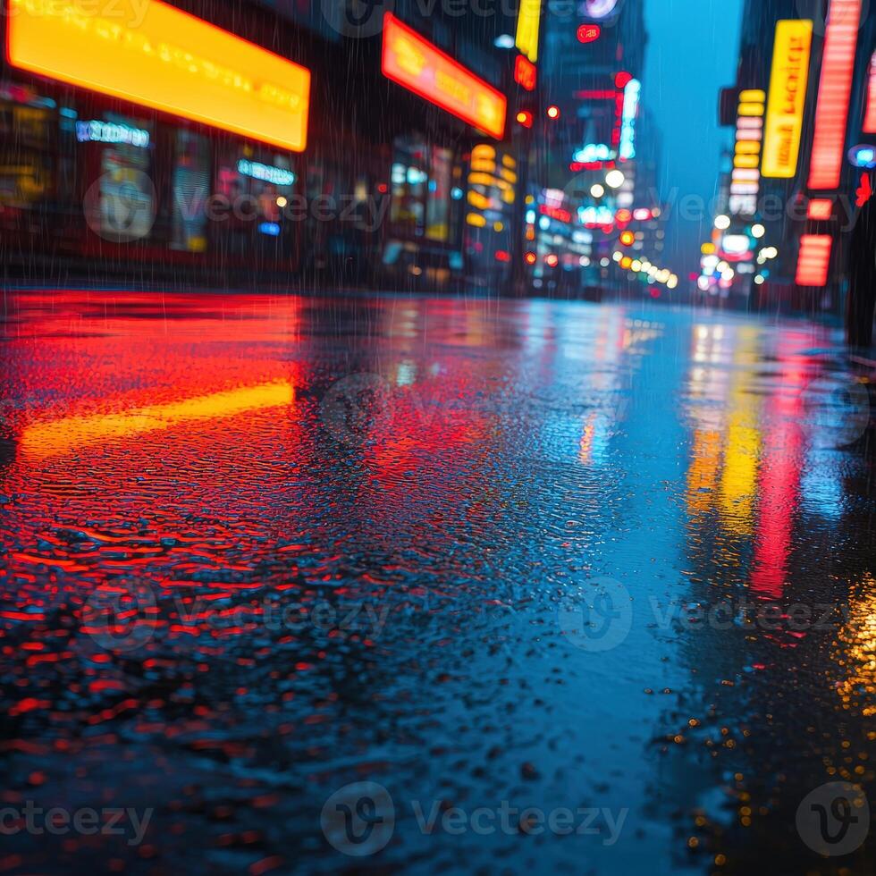A wet street at night with neon lights photo