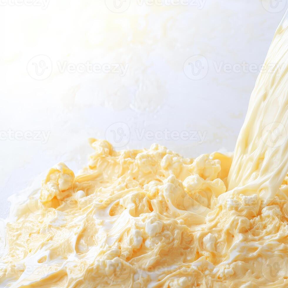 A person pouring milk into a bowl of cream photo