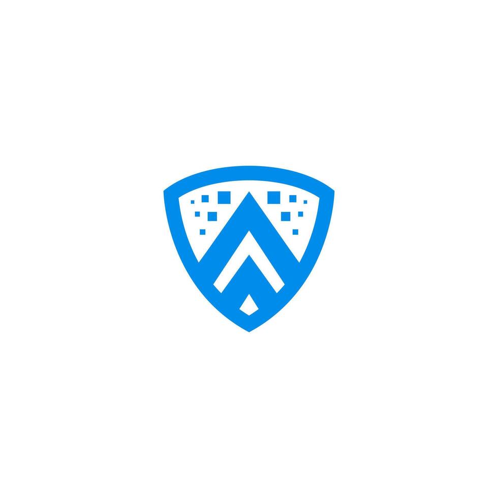 Shield blue logo, letter A symbol, pixel icon vector