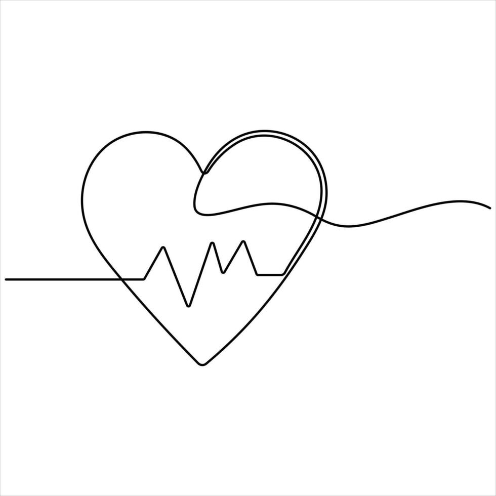 Single continuous line drawing of heart beat pulse simple heartbeat pulse line art style illustration vector