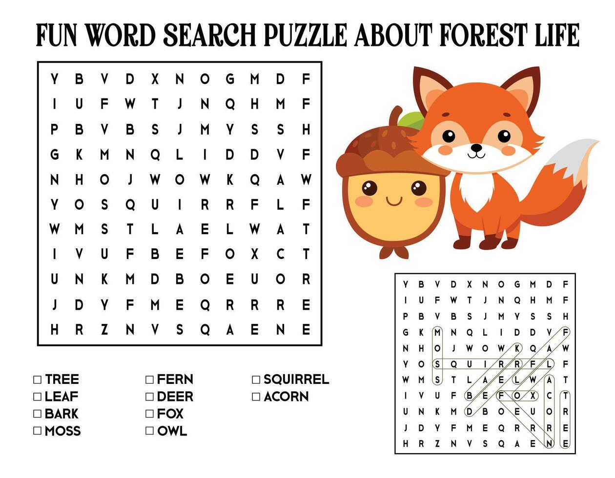 Fun Word Search Puzzle About Forest Life vector