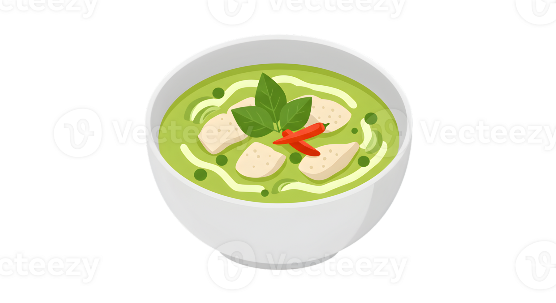 A bowl of soup with chicken and green vegetables png