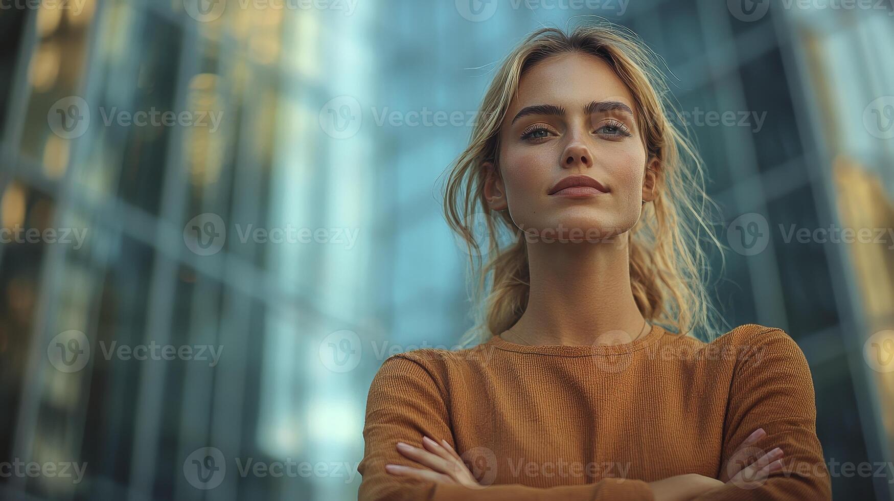 Confident Businesswoman Posing Outside Modern Office Building in Urban Setting photo