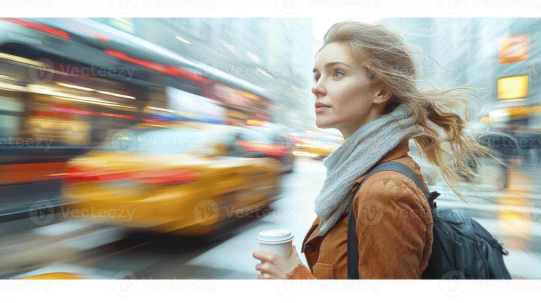 Businesswoman Crossing Street with Coffee in Busy Urban Environment photo