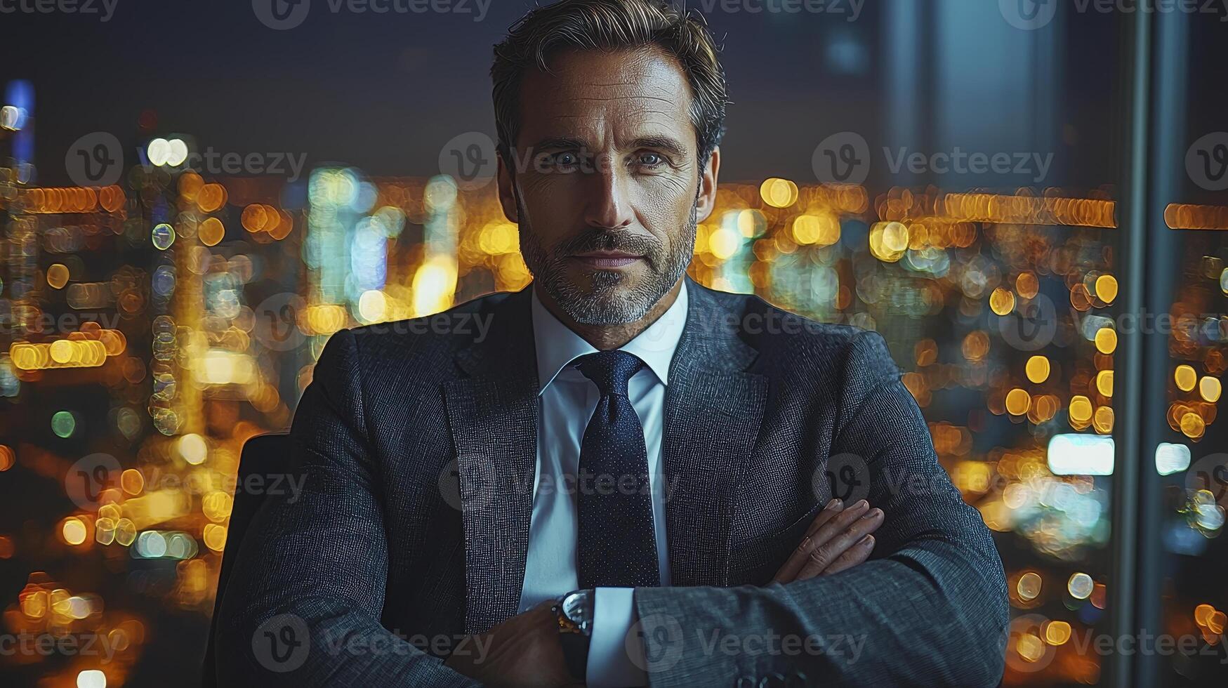 Professional CEO in Modern Office Setting with Cityscape Background at Night photo