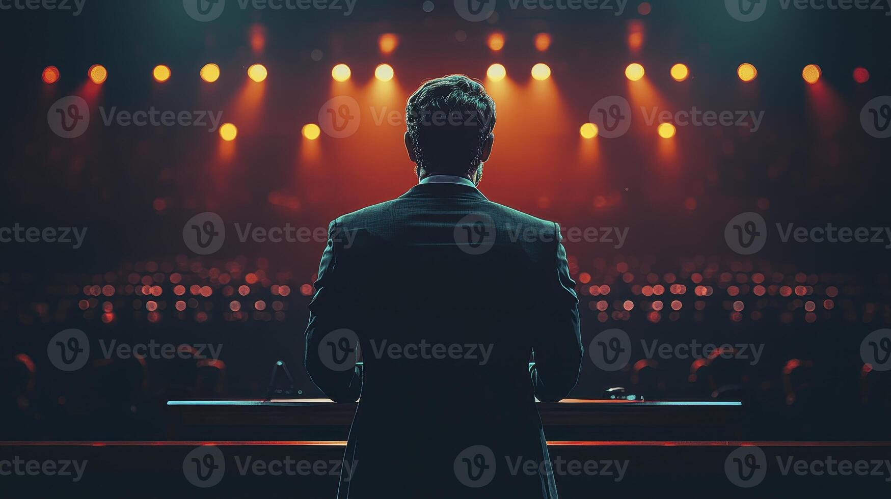 CEO Delivering Inspiring Speech at Motivational Corporate Event with Stage Lights photo