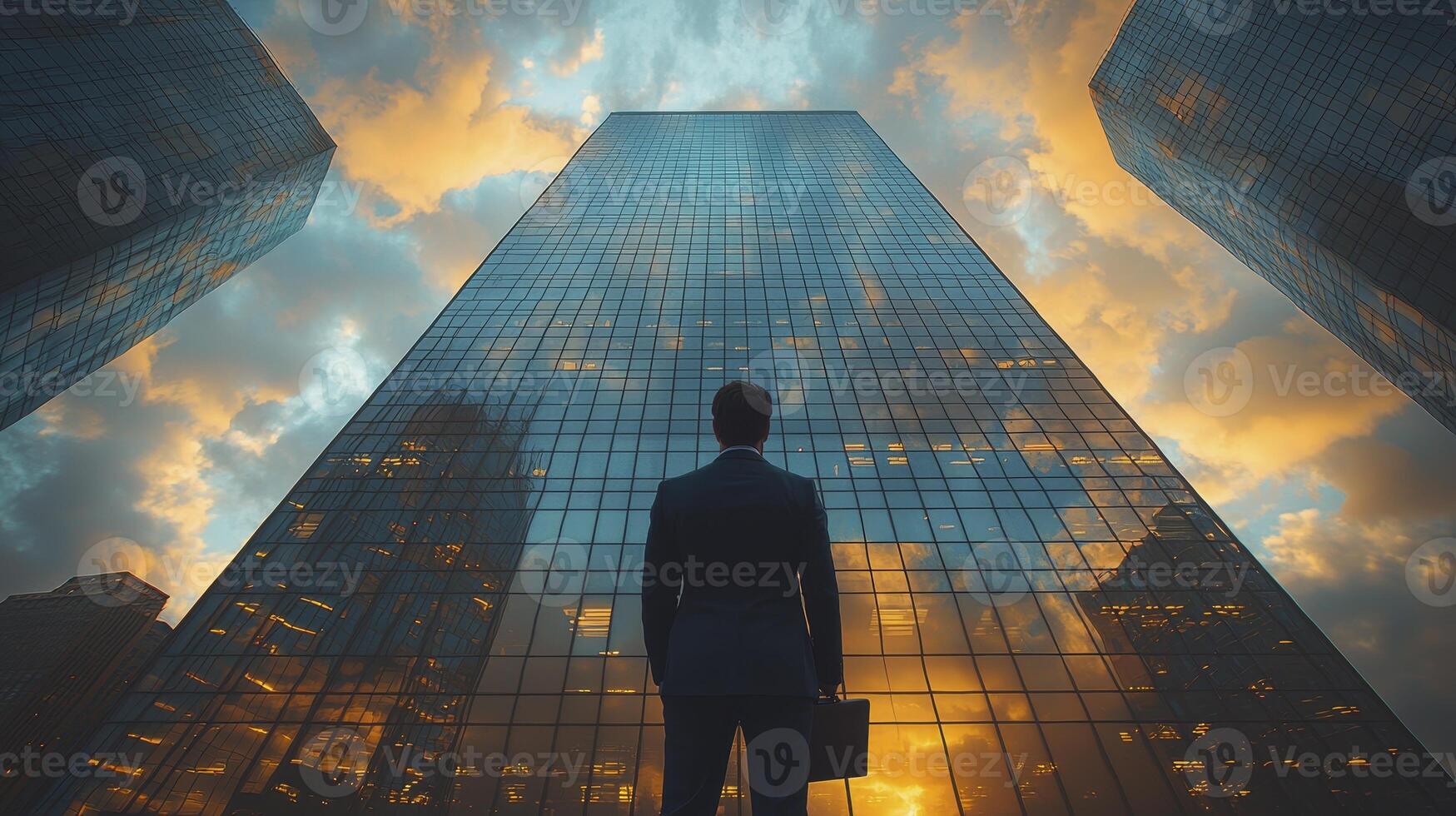 Confident Business Executive Overlooking Skyscrapers at Sunset in Urban Environment photo