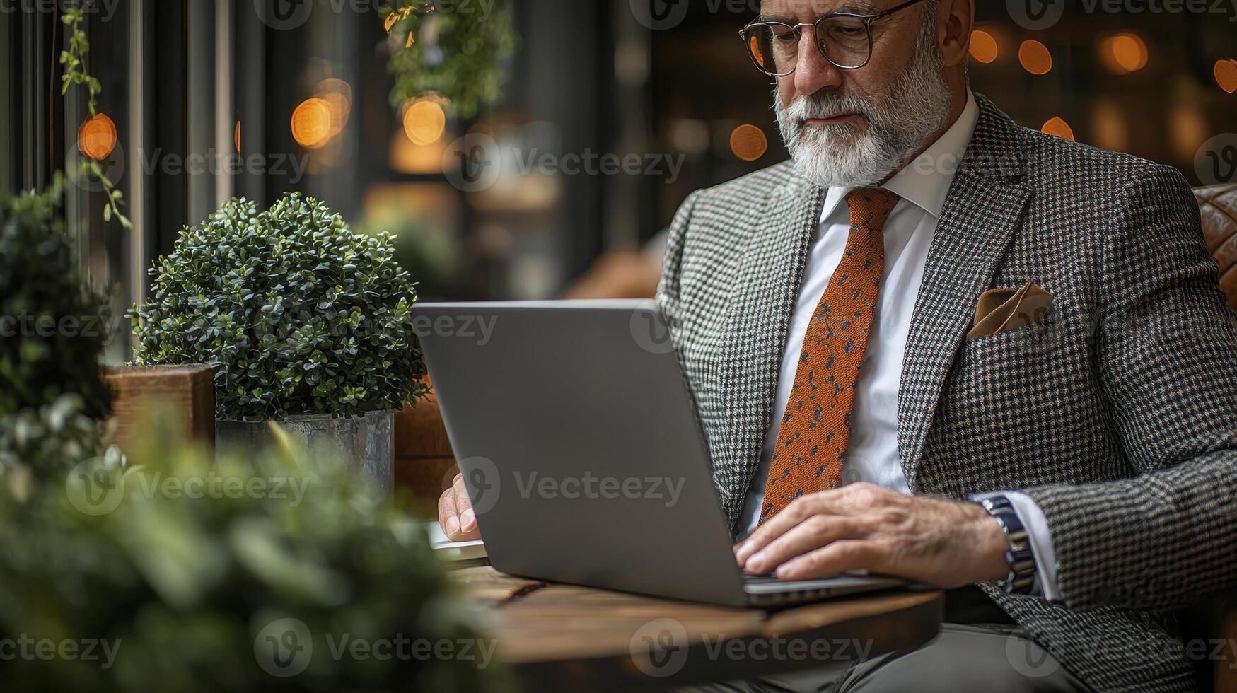 Businessman Focused on Laptop Working in Modern Cafe with Greenery and Warm Lighting photo