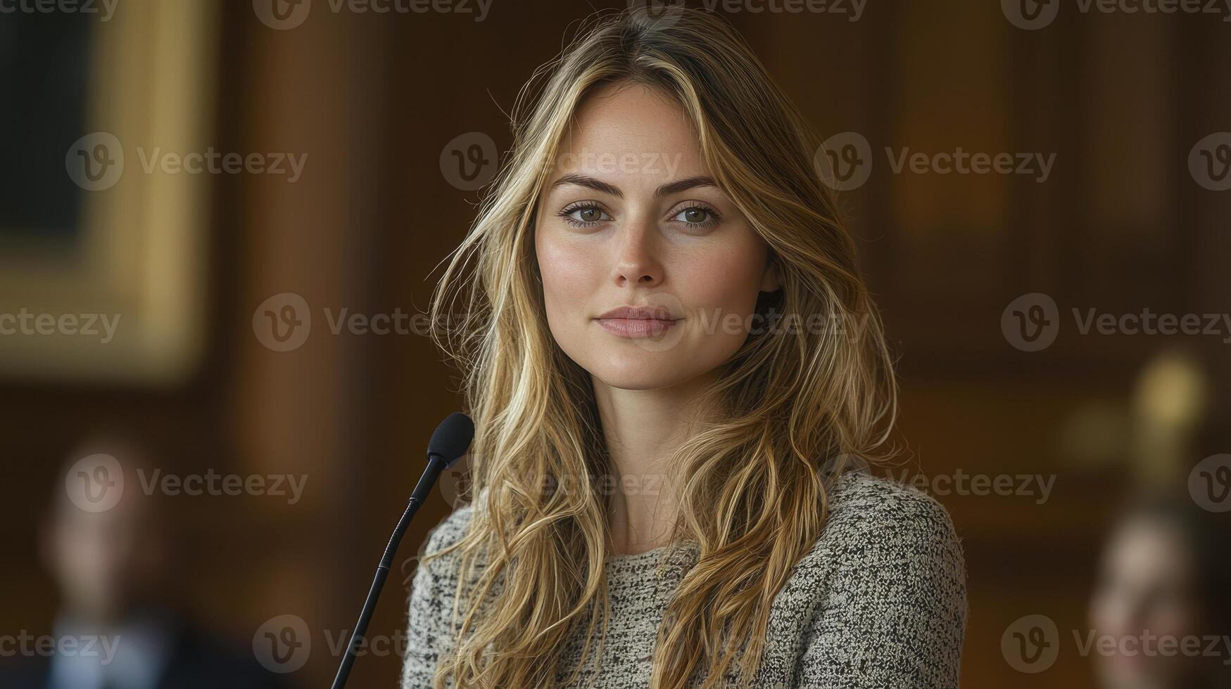 Confident Businesswoman Portrait in Formal Setting with Warm Lighting and Soft Focus photo