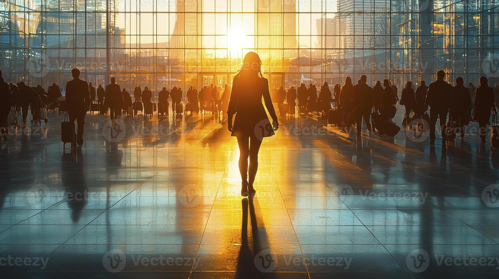 Confident Businesswoman Walking Through Busy Terminal at Sunrise photo