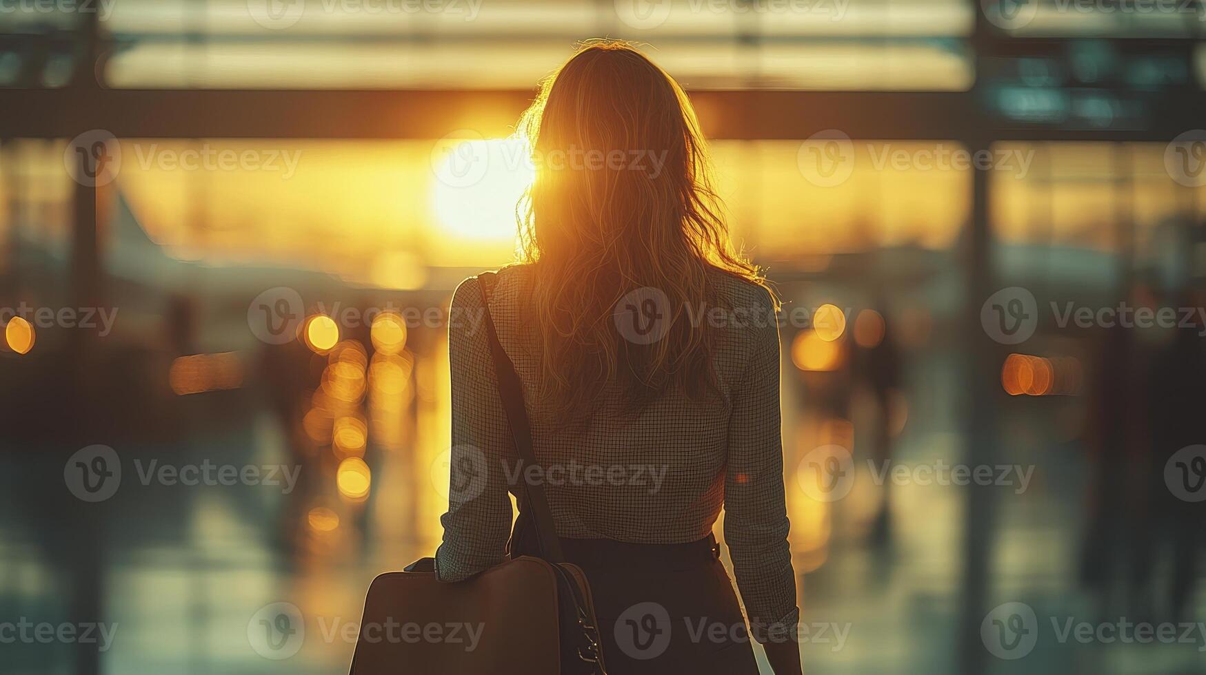 Businesswoman Walking Through Airport Terminal at Sunset with Elegant Silhouette photo