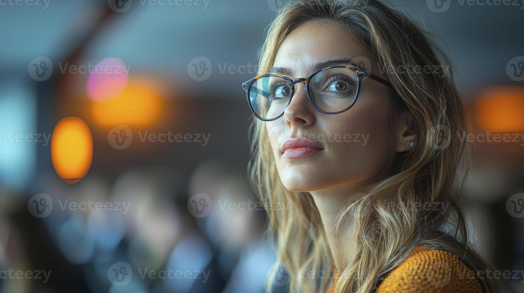 Confident Businesswoman in Professional Setting with Glasses and Thoughtful Expression photo