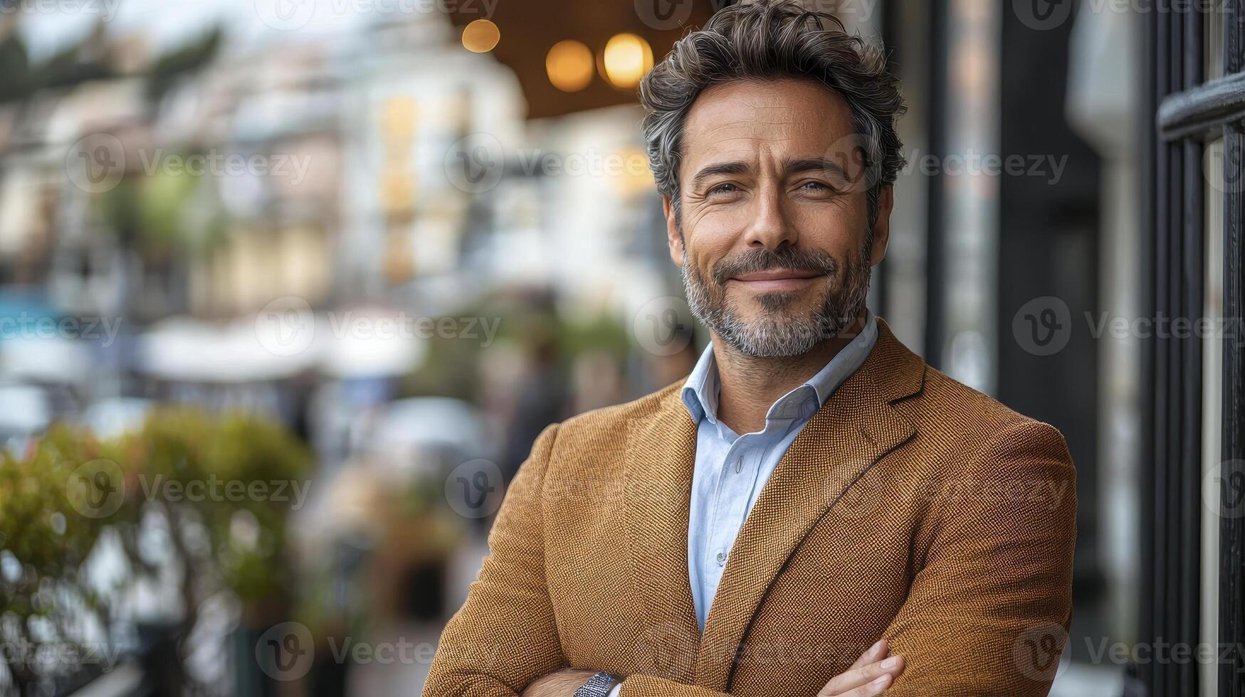 Confident Businessman Smiling Outside a Modern Cafe with Stylish Attire and Warm Vibe photo