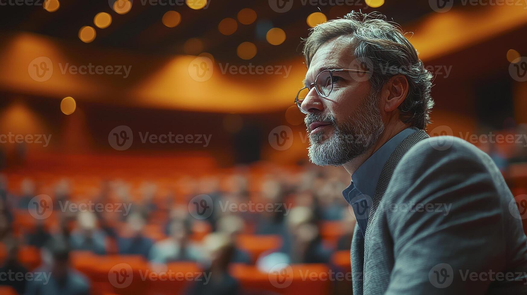 Confident Businessman Engaged in Speaking at Professional Conference photo