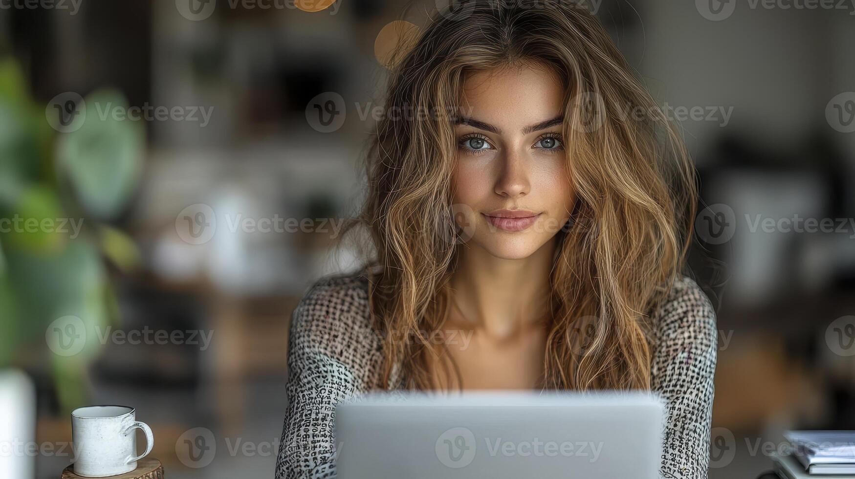Businesswoman Reviewing Documents on Laptop in Modern Office Space photo