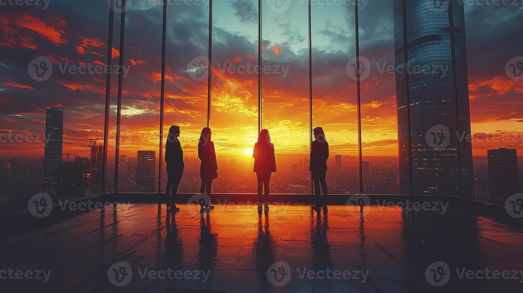 Business Leaders Engaged in Discussion Against a Dramatic Sunset Background photo