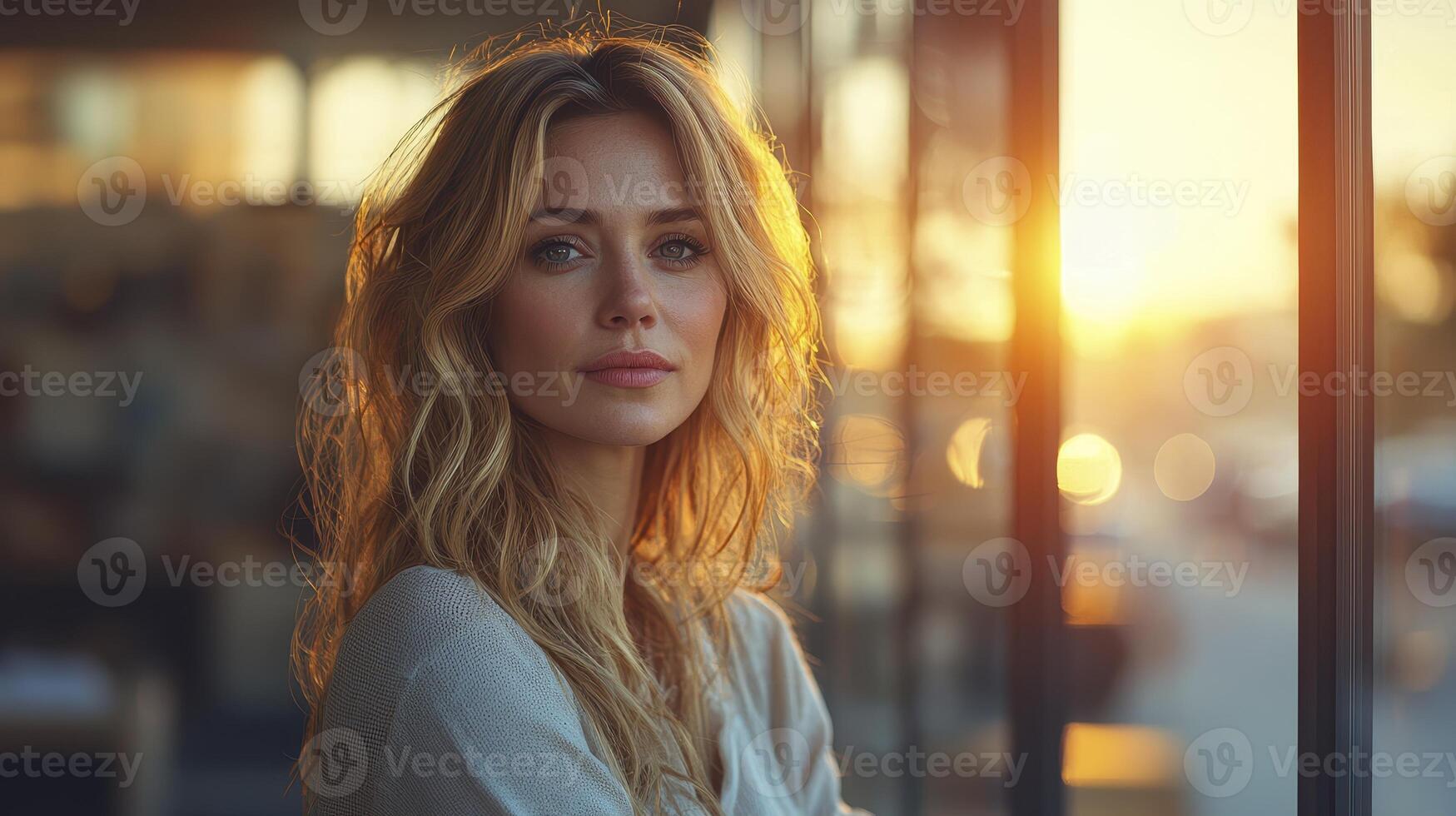 Businesswoman Reviewing Documents in a Sunlit Modern Workspace photo