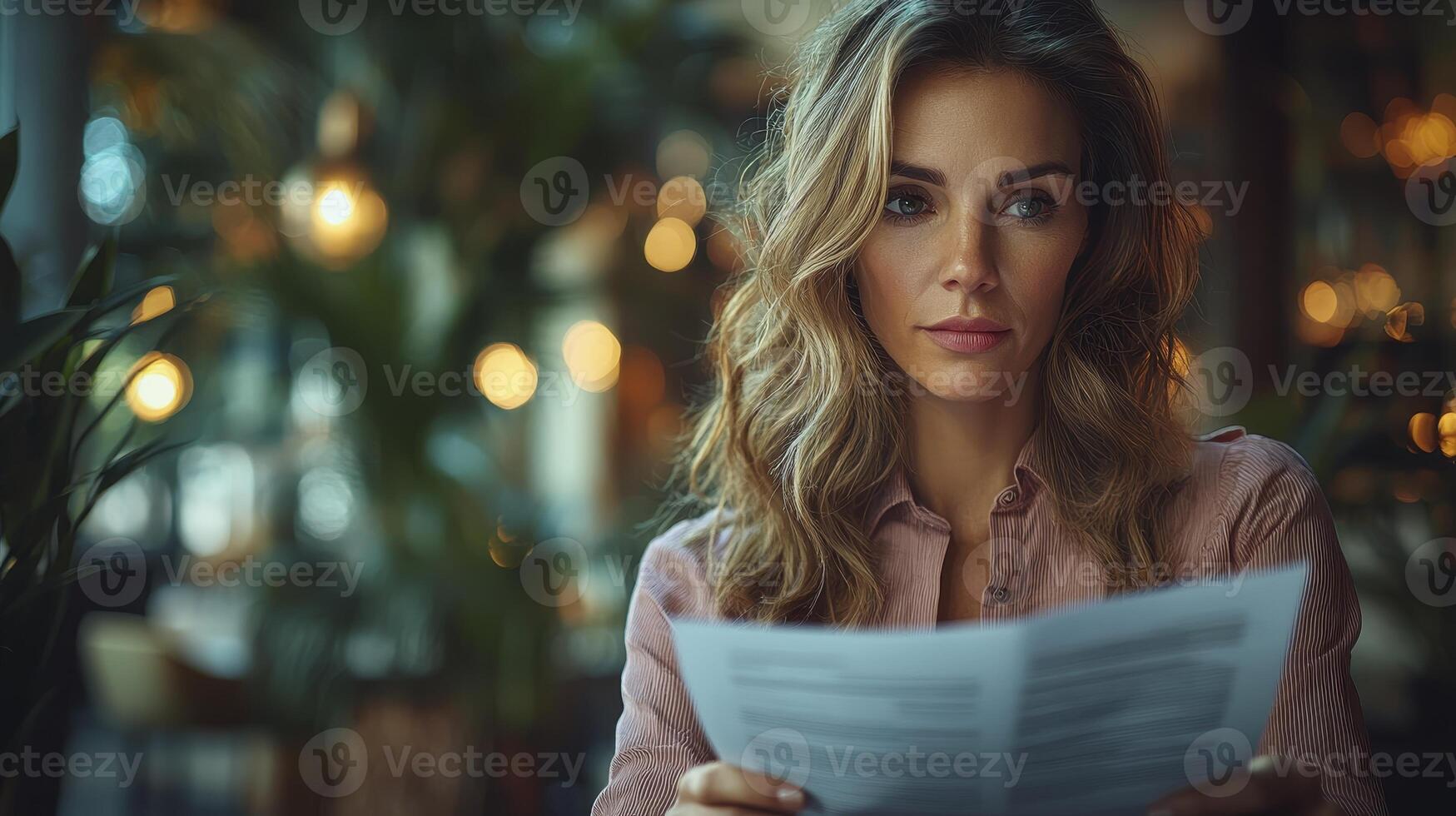 Professional businesswoman reviewing documents in a modern office setting photo