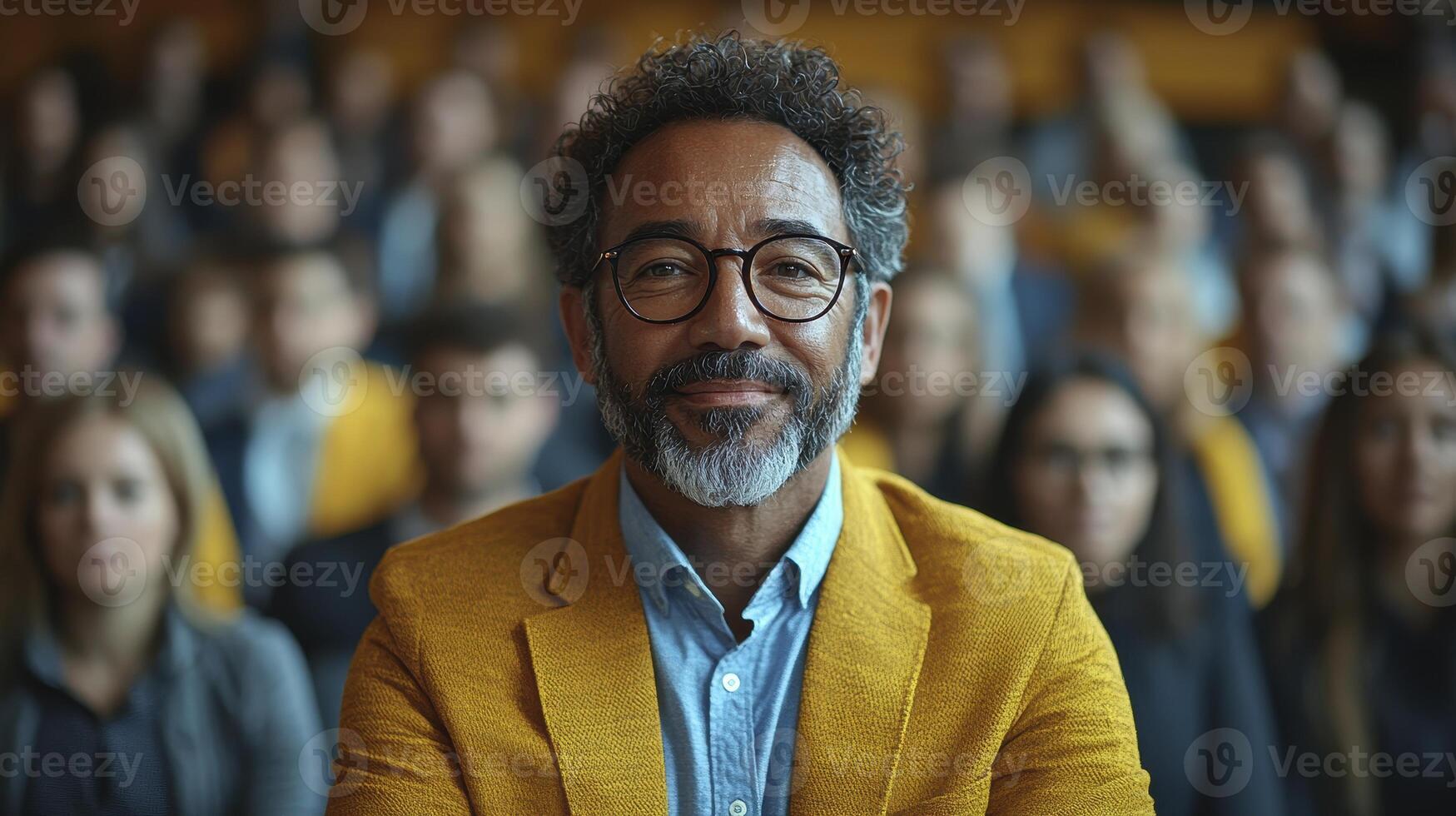 Confident CEO Speaking to Engaged Audience in a Professional Setting photo