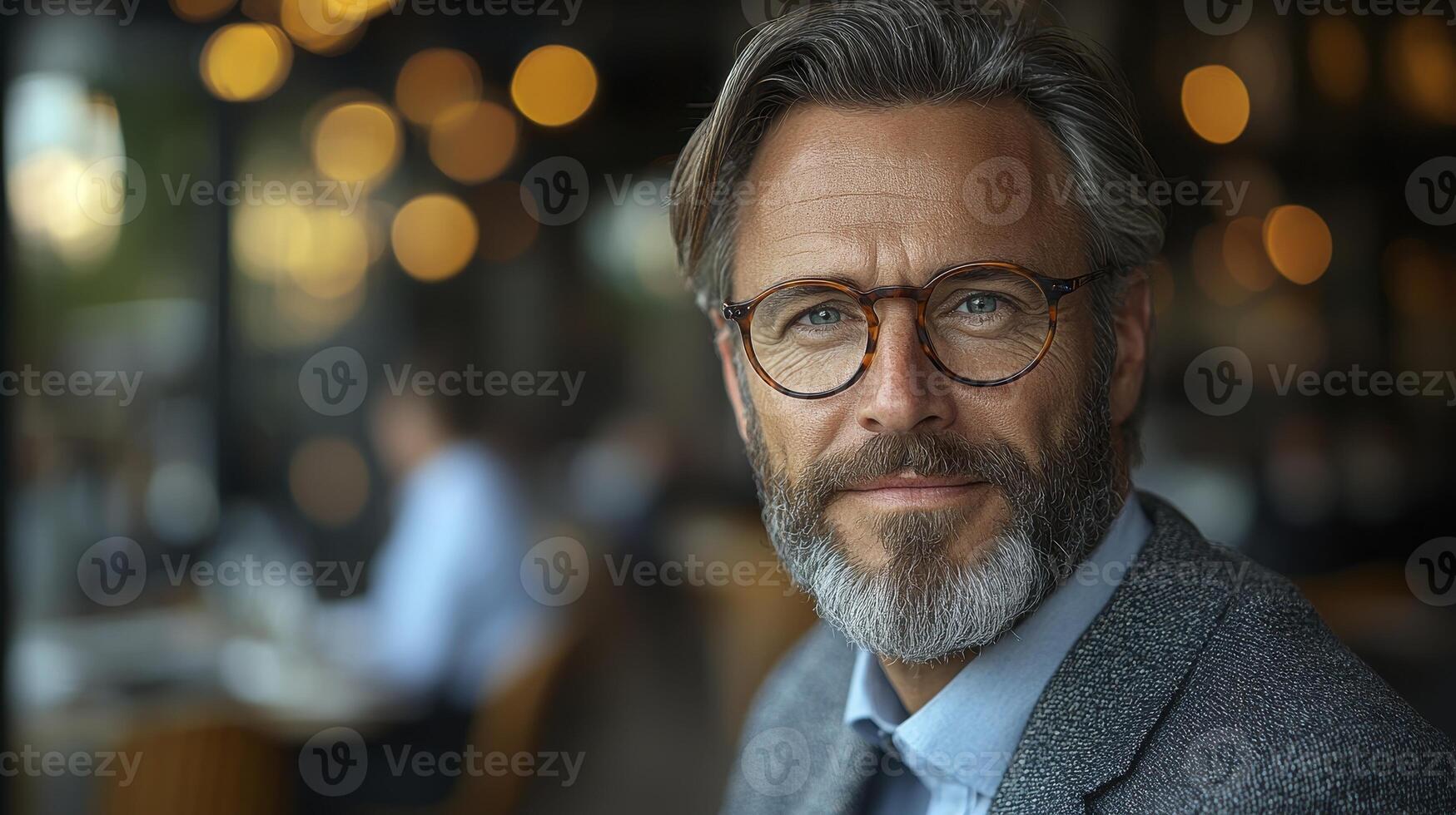 Confident Business Leader with Glasses Smiling in Modern Urban Cafe Environment photo