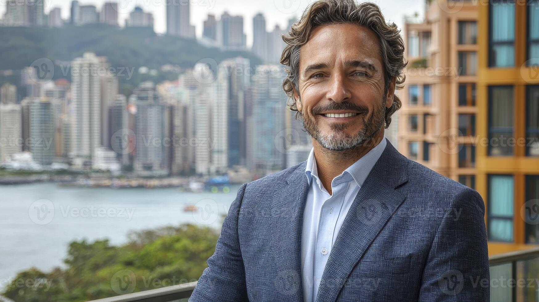 Confident Business Professional Smiling with City Skyline in Background photo