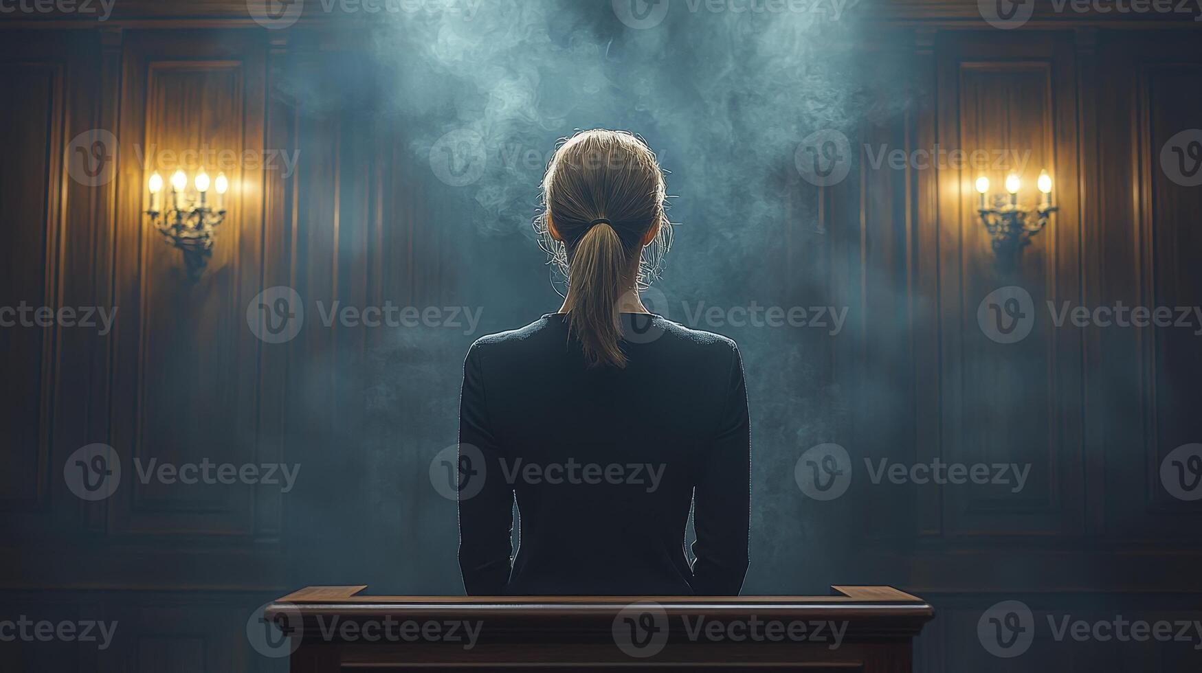Businesswoman Standing Confidently at a Podium Surrounded by Smoky Atmosphere photo
