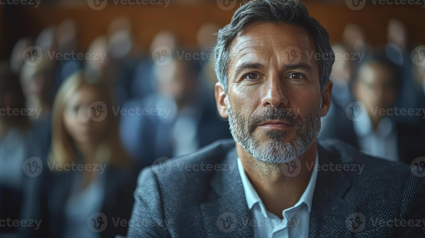 Confident CEO Delivering Engaging Speech to Captivated Audience in Conference Room photo