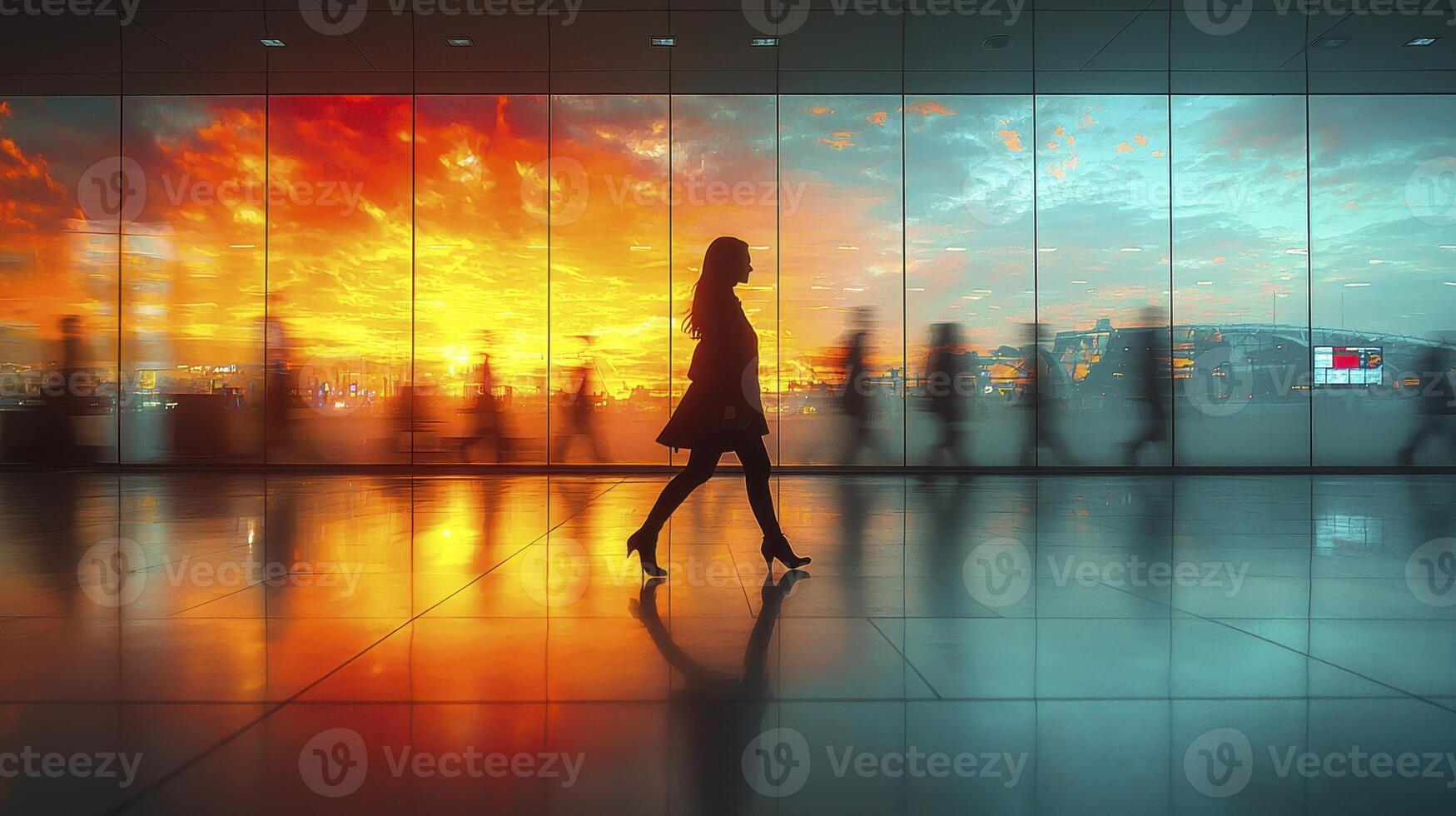 Confident Businesswoman Walking at Modern Airport Terminal with Sunset Reflection photo