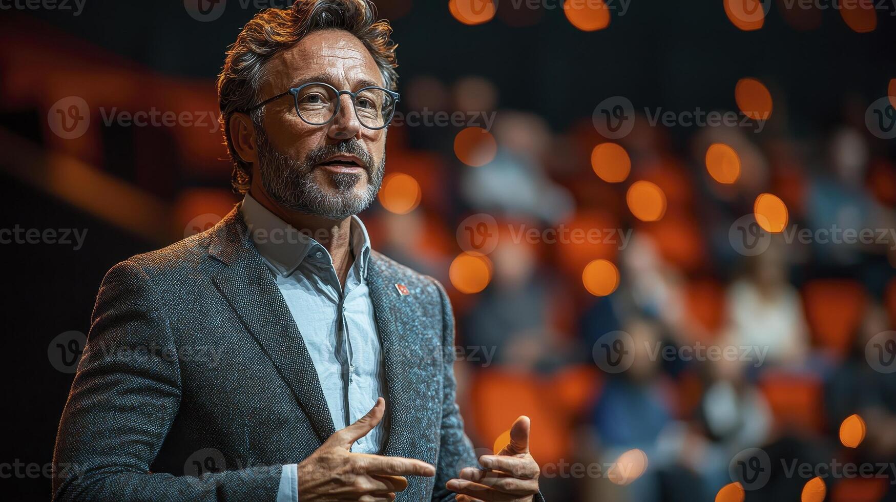 Confident CEO Delivering Engaging Speech to Enthusiastic Audience in Modern Venue photo