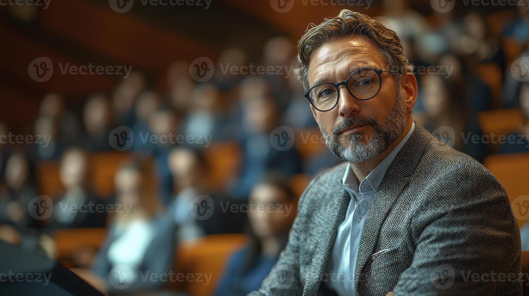 CEO Engaging with Employees during Corporate Presentation in Modern Auditorium photo