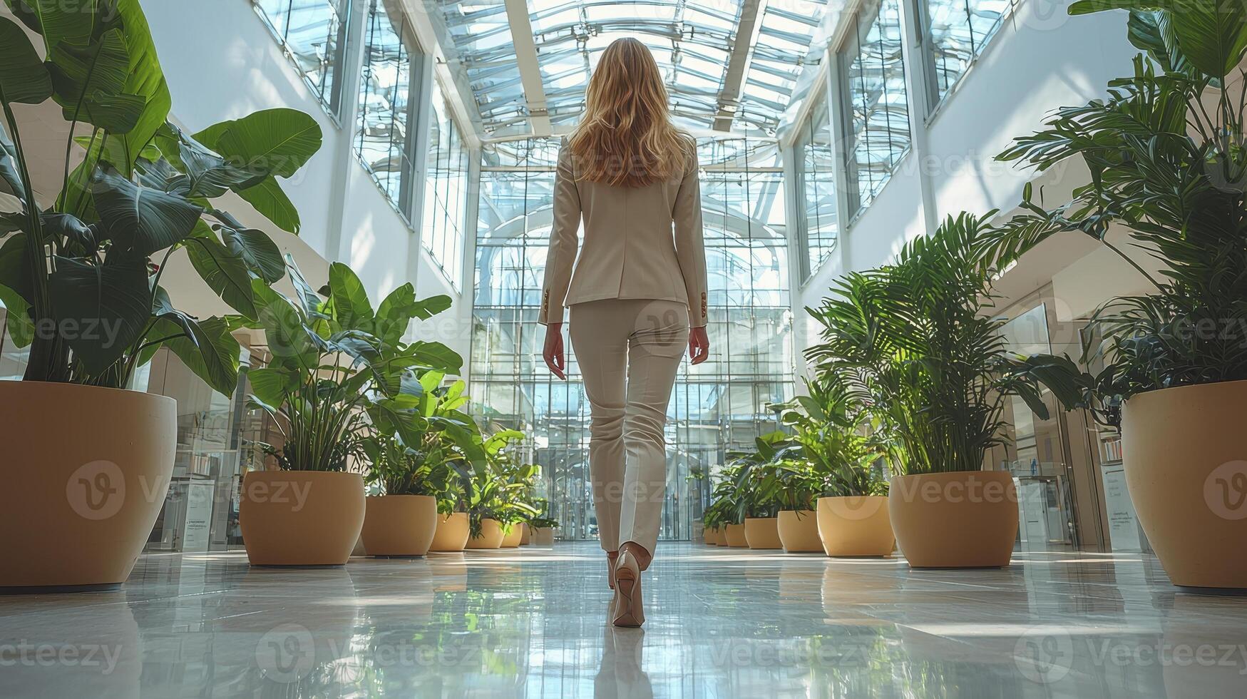 Confident Businesswoman Walking Through Modern Office Space Surrounded by Plants photo