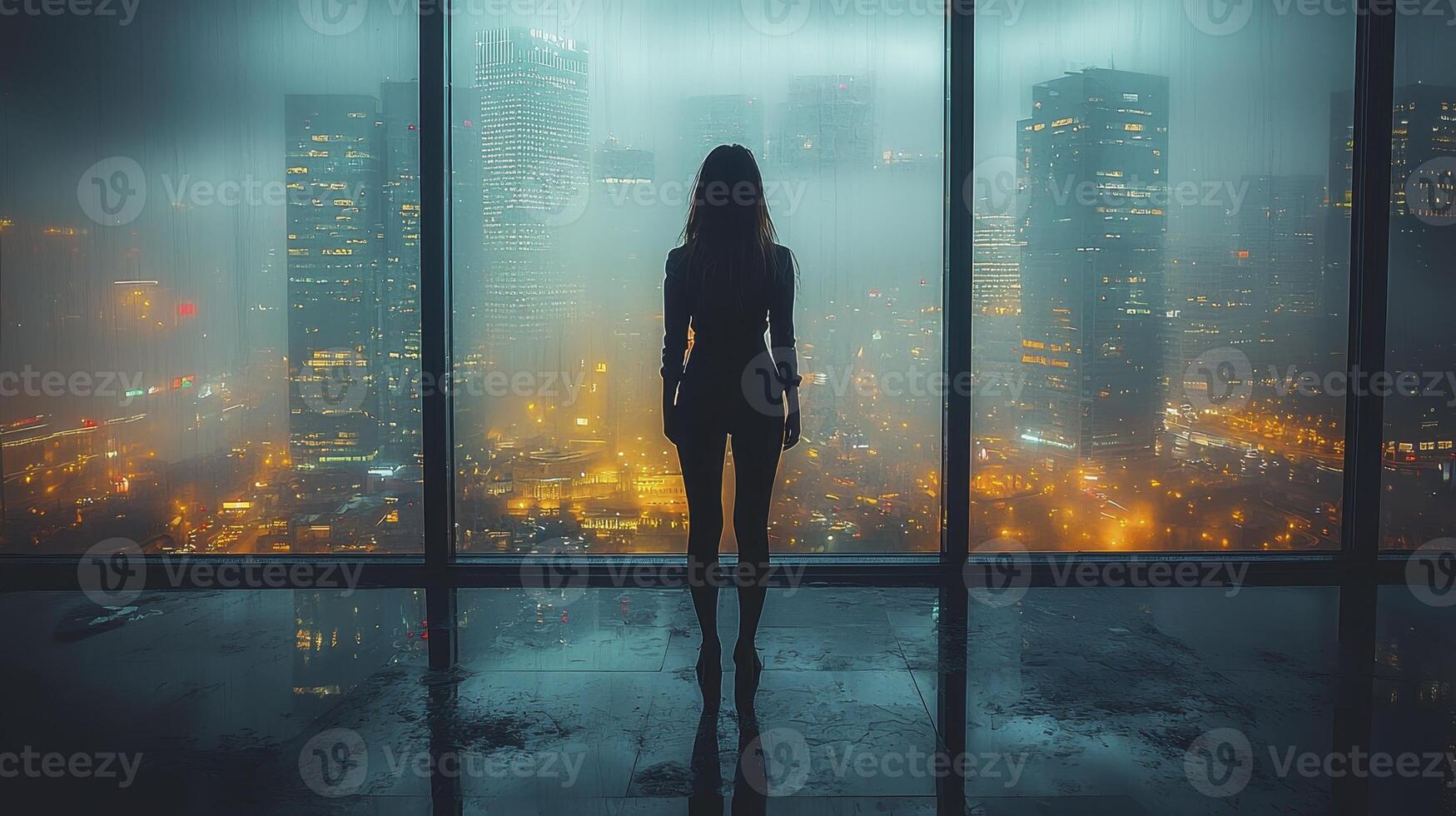 Confident Businesswoman Silhouette Against Cityscape at Night with Fog and Lights photo