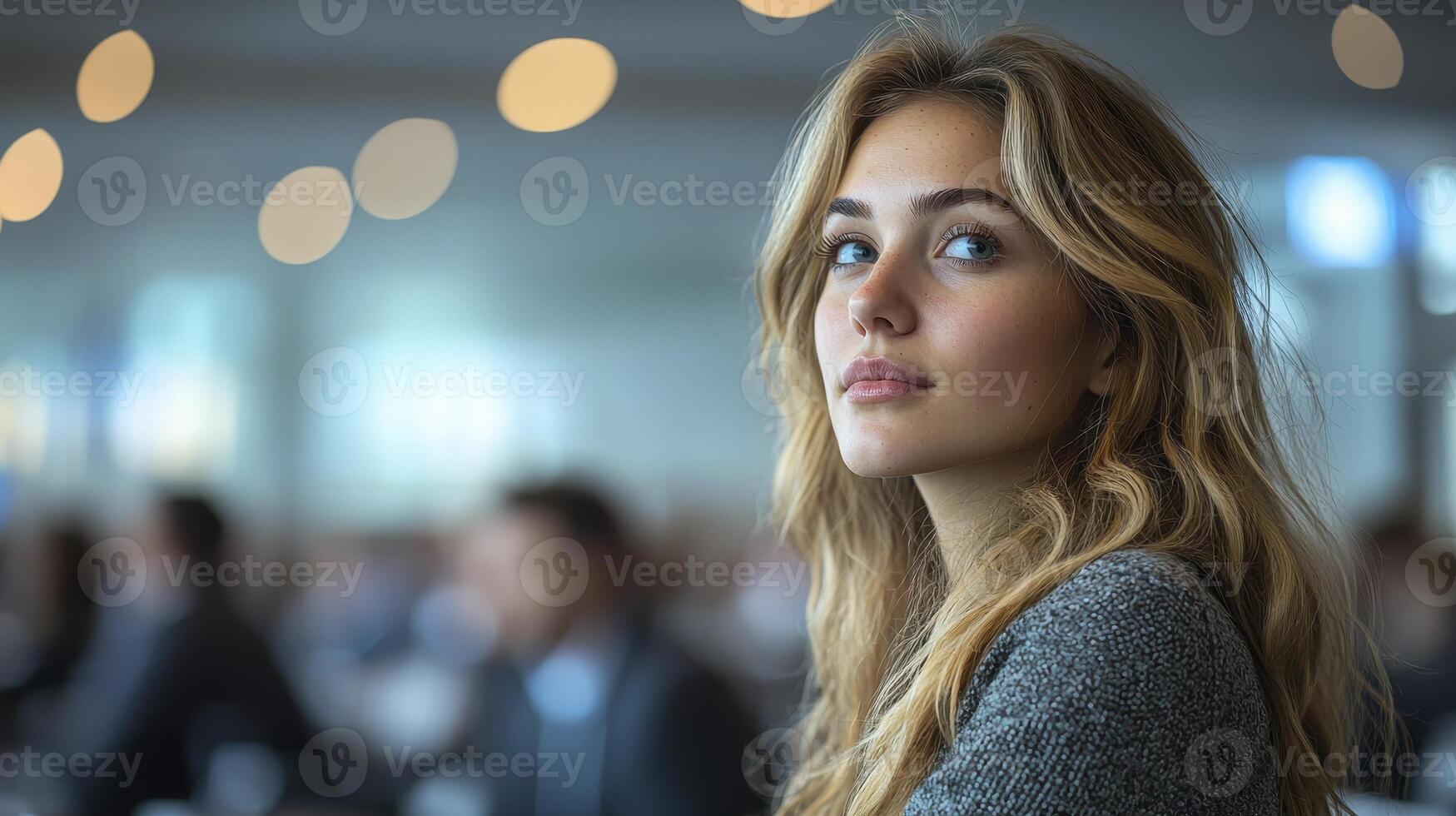 Businesswoman Taking Notes with a Thoughtful Expression in a Conference Setting photo