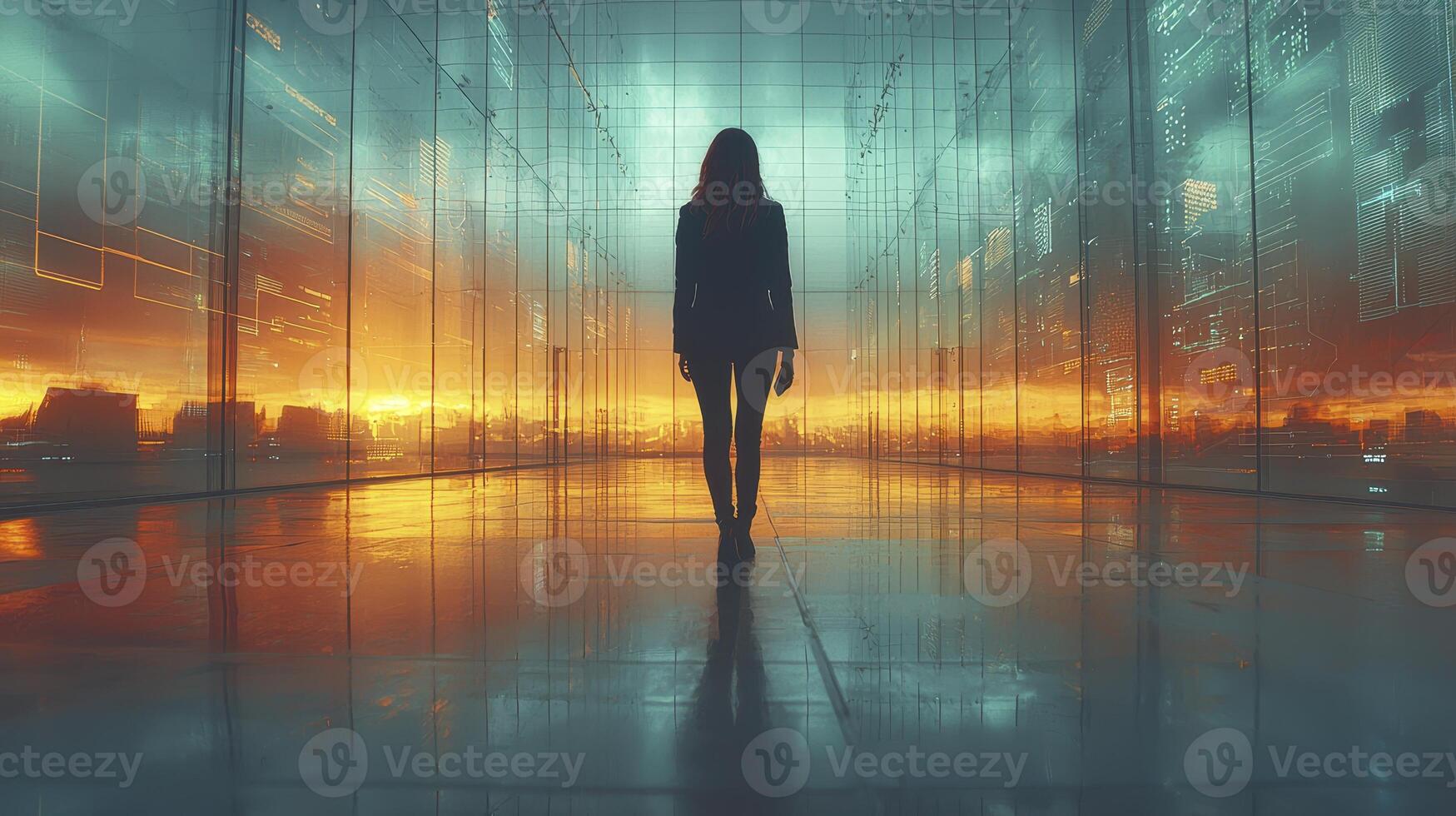Confident Businesswoman Walking in a Futuristic Cityscape at Sunset photo