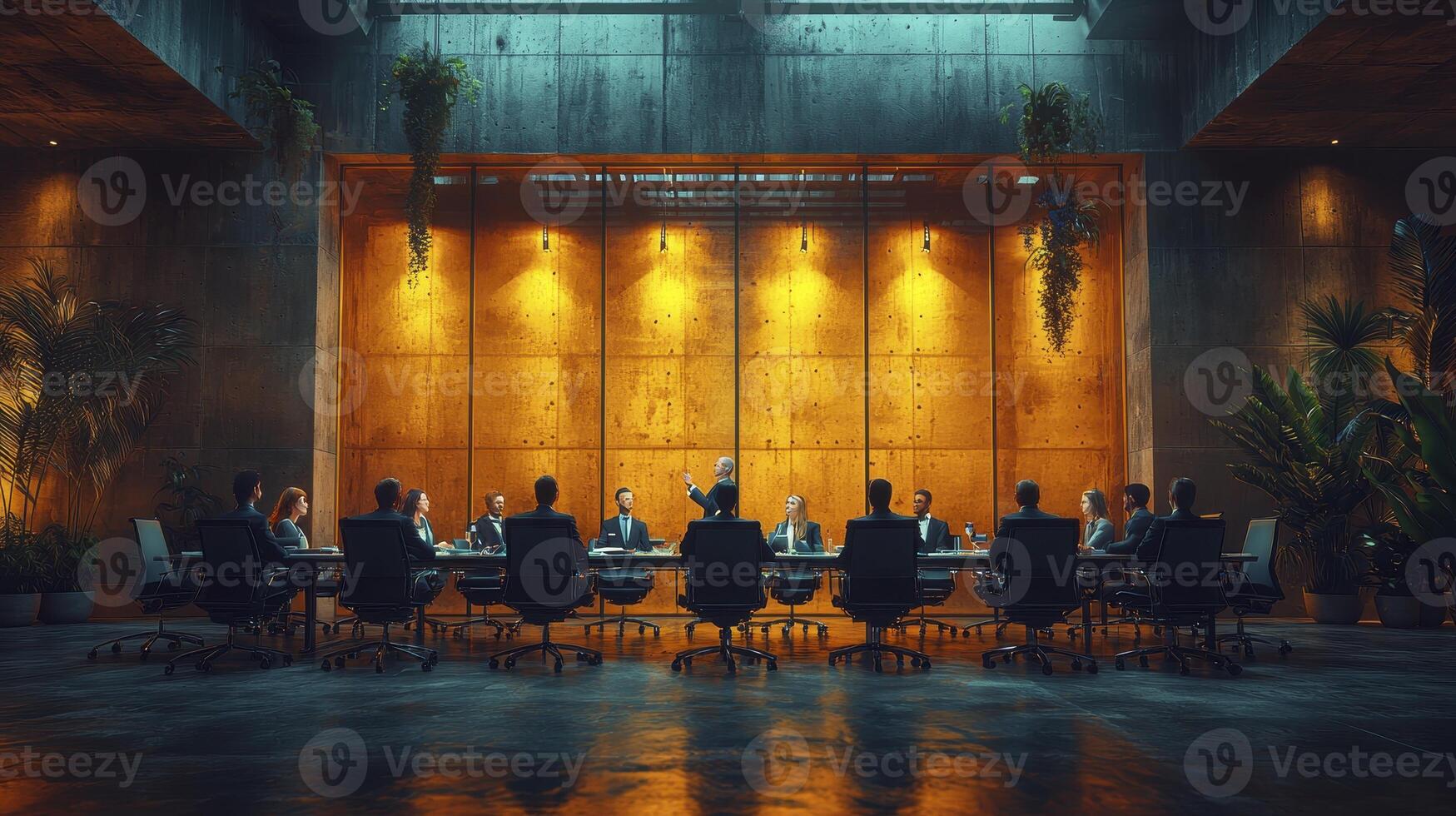 CEO Leading Team Meeting in Modern Conference Room with Dynamic Lighting photo