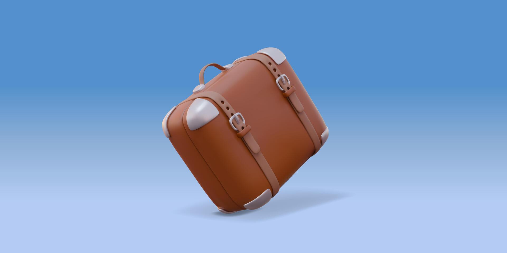 3D Stylized Vintage Brown Suitcase with Stickers and Straps - Retro Travel Luggage vector